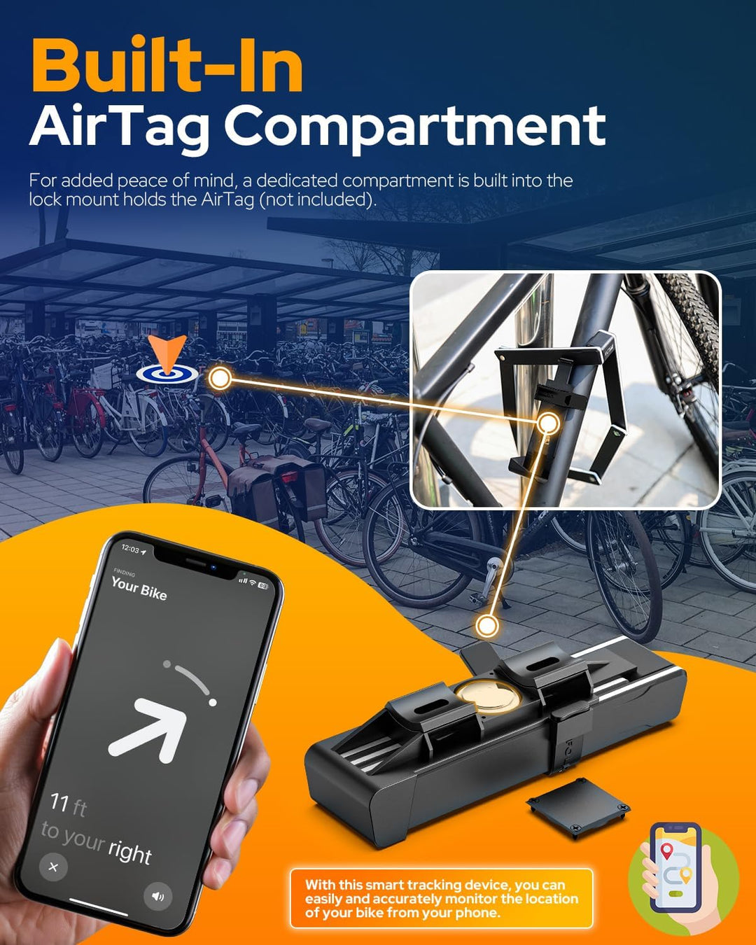 VICTGOAL Faltschloss Fahrrad mit Versteckter Halterung für AirTag, Fahrradschloss Hohe Sicherheit 10