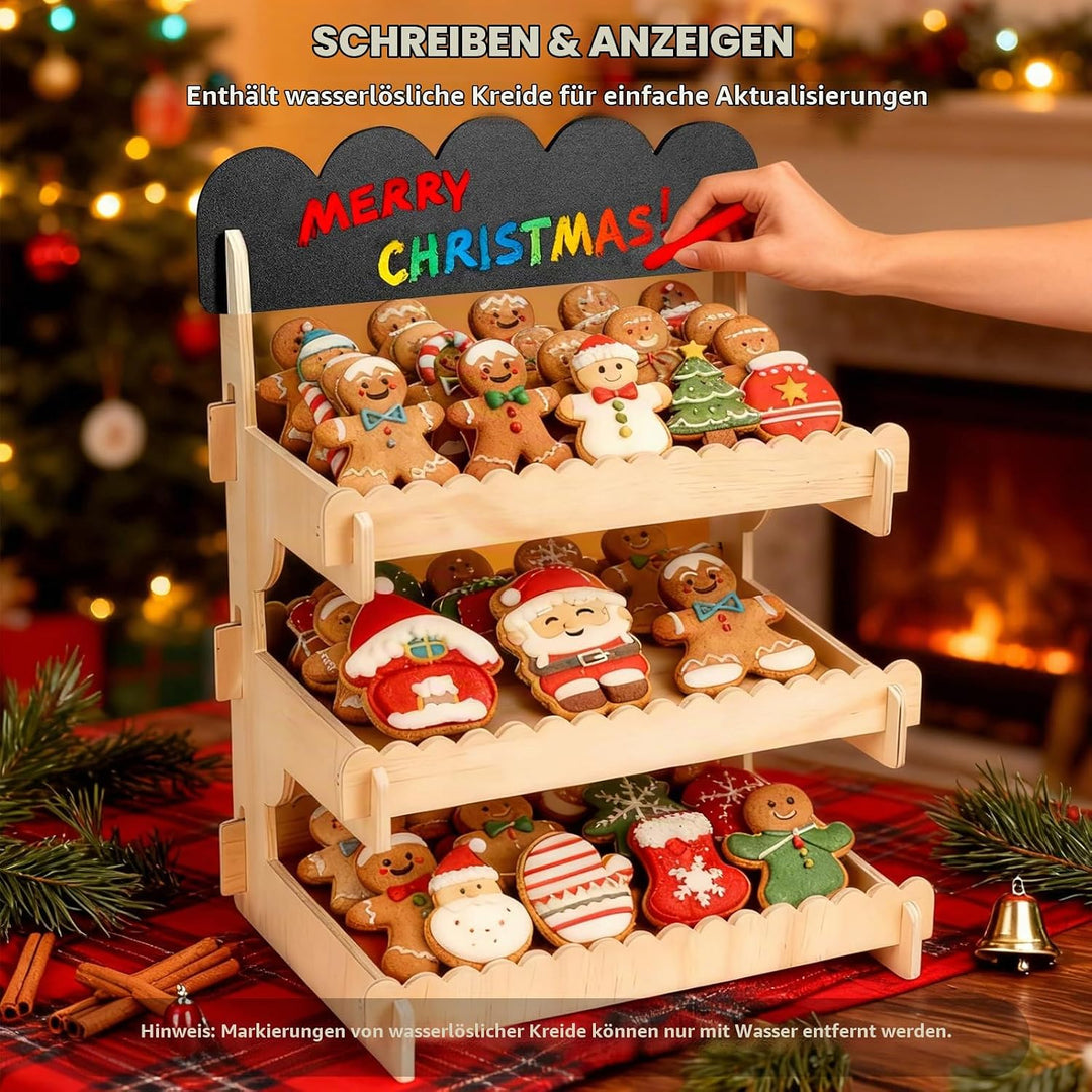 Keks-Präsentationsständer, stabiler mehrstufiger Holzständer mit Kreidetafel-Schild, werkzeugfreie M
