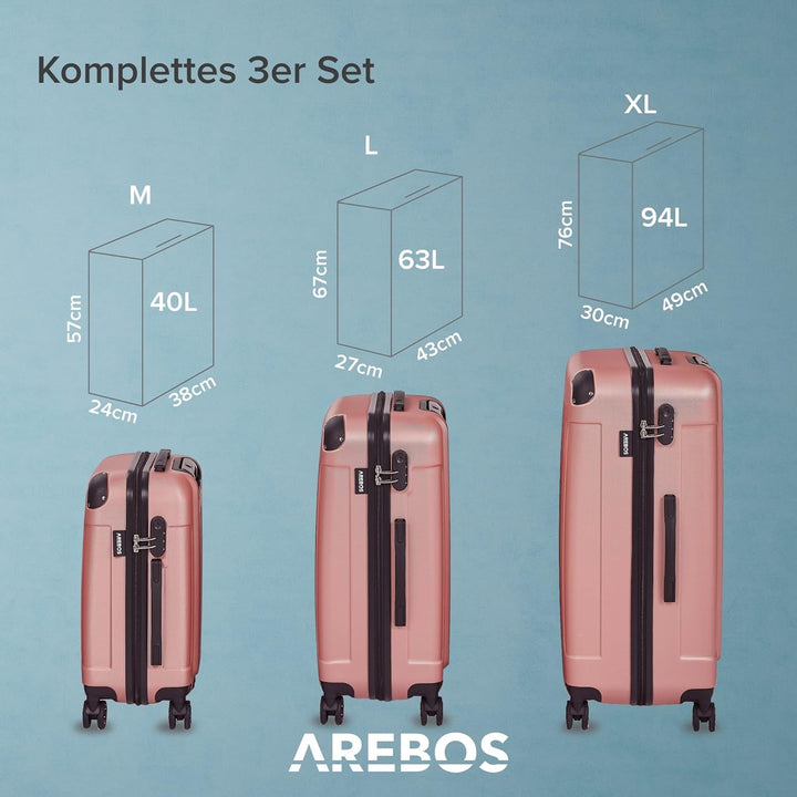 Arebos Reisekoffer 3er Set I ABS-Hartschale I Trolley Kofferset I Teleskopgriff I Inkl. Reissverschl