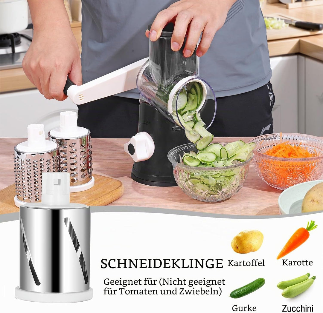 Dreamhigh® Käsereibe mit Kurbel, Gemüseschneider 3 Edelstahl Austauschbaren Trommelklingen, Manuelle