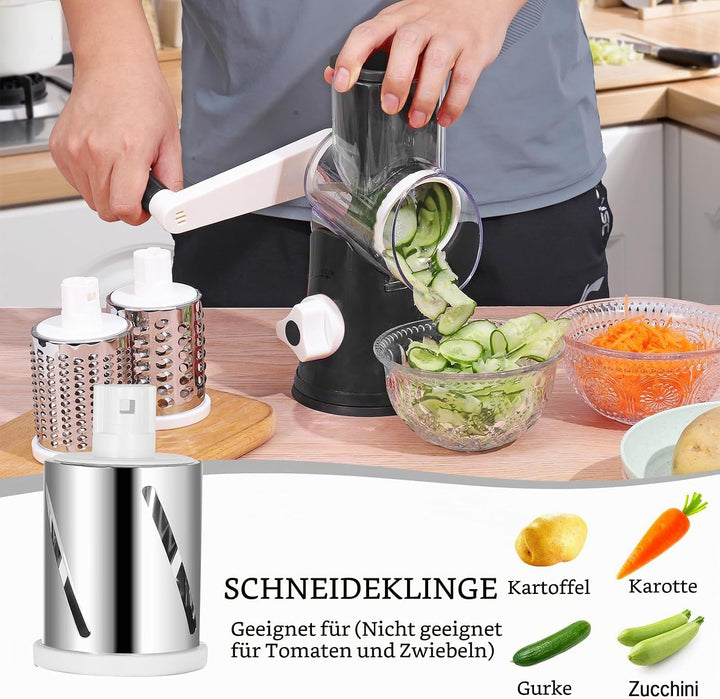 Dreamhigh® Käsereibe mit Kurbel, Gemüseschneider 3 Edelstahl Austauschbaren Trommelklingen, Manuelle
