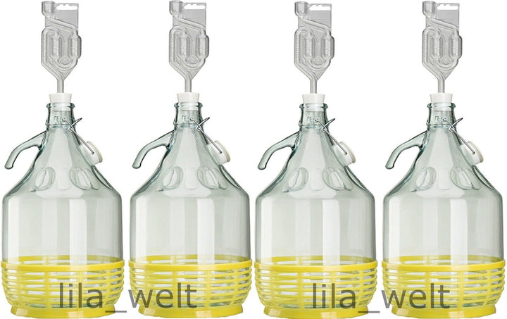 lilawelt24 4 x Set 5L Bügelflasche + Stopfen + Gärröhrchen Weinballon Gärballon Glasflasche Bügelver