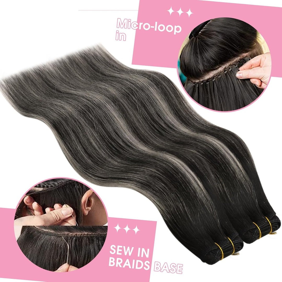 YoungSee Tressen Extensions Echthaar Silber Echthaar Tressen Schwarz Ombre Silber Haartressen Echtha