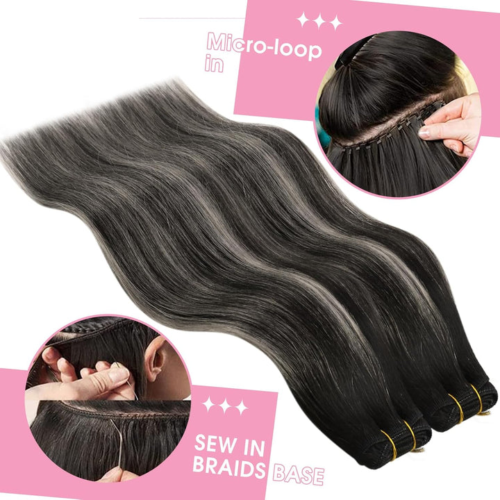 YoungSee Tressen Extensions Echthaar Silber Echthaar Tressen Schwarz Ombre Silber Haartressen Echtha