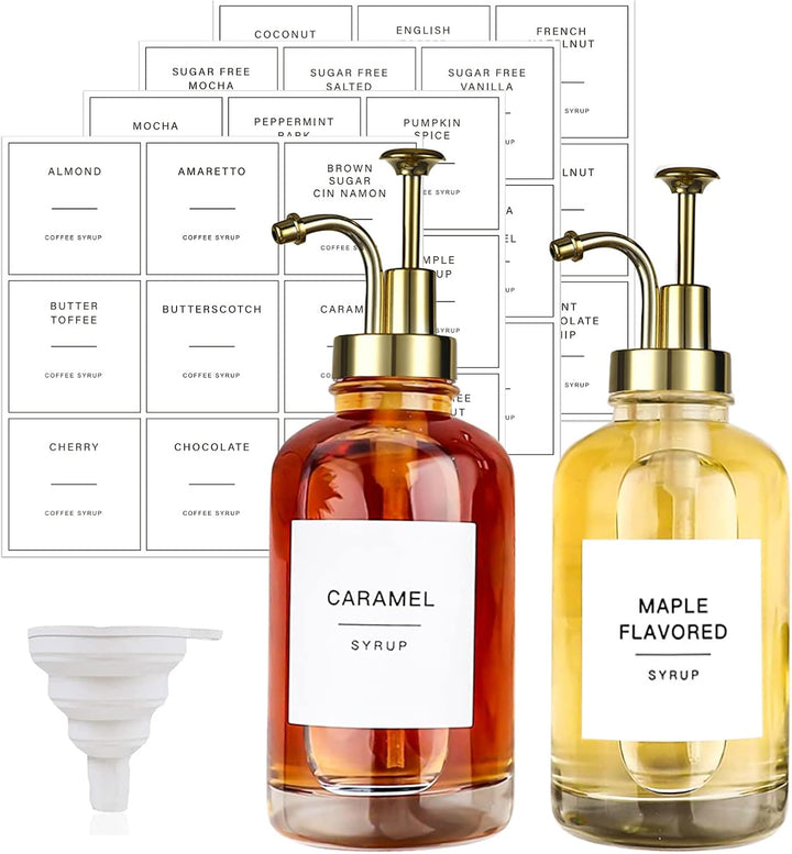 2 Stück Kaffee Sirup Spender Glas Set mit 36 Etiketten, Kaffee-Pumpenspender, Minimalistische Glas