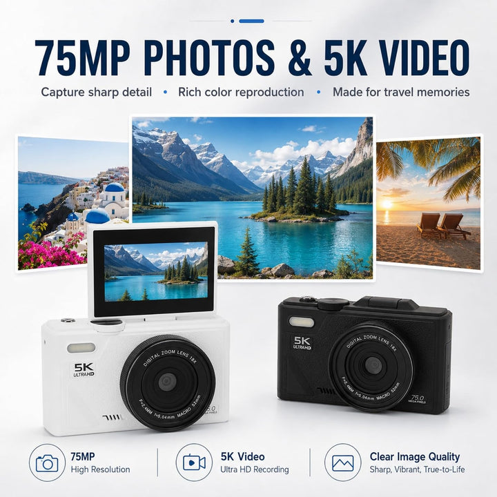 5K 75MP Digitalkamera mit 18 facher Optischer Zoomstabilisierung, 3 Zoll Flip Bildschirm, Retro Digi