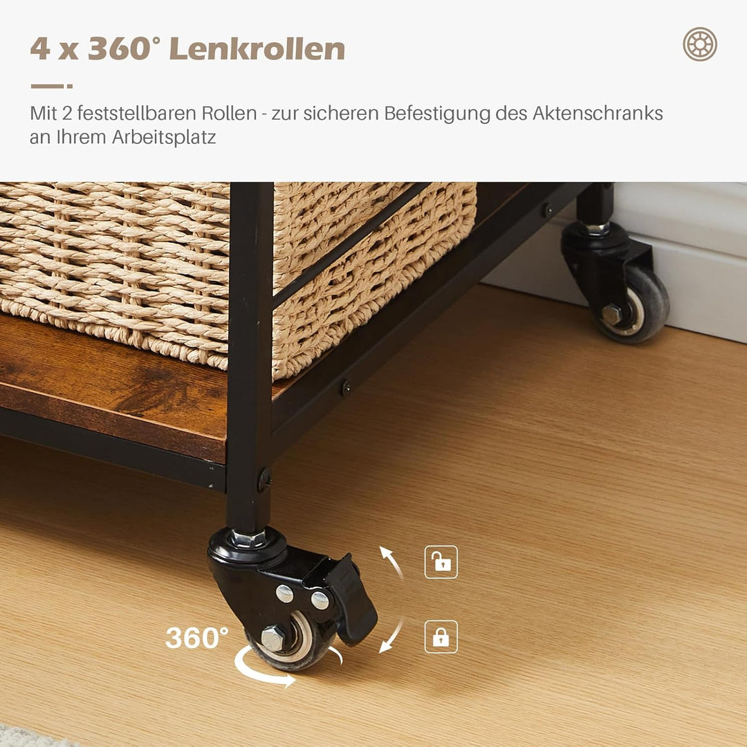 TUKAILAI Rollcontainer Holz, Aktenschrank mit 3 Schubladen und 2 offenen Fächern, Büroschrank mit Hä