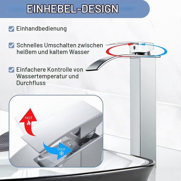 kisimixer Modern Wasserfall Wasserhahn Bad Hoch, Waschtischarmatur Hoch Wasserfall Aufsatzwaschbecke
