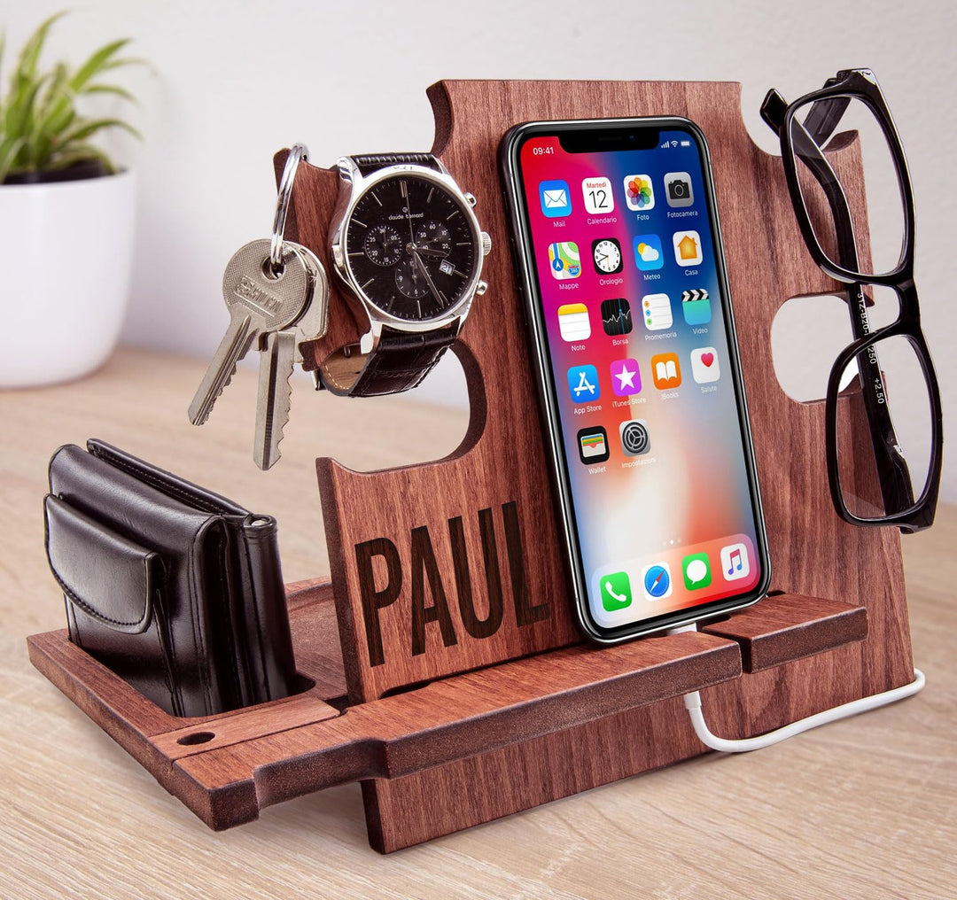 Personalized Gift for Him, Engraved Docking Station, Christmas Gift for Men - Smartphone Stand, Wood