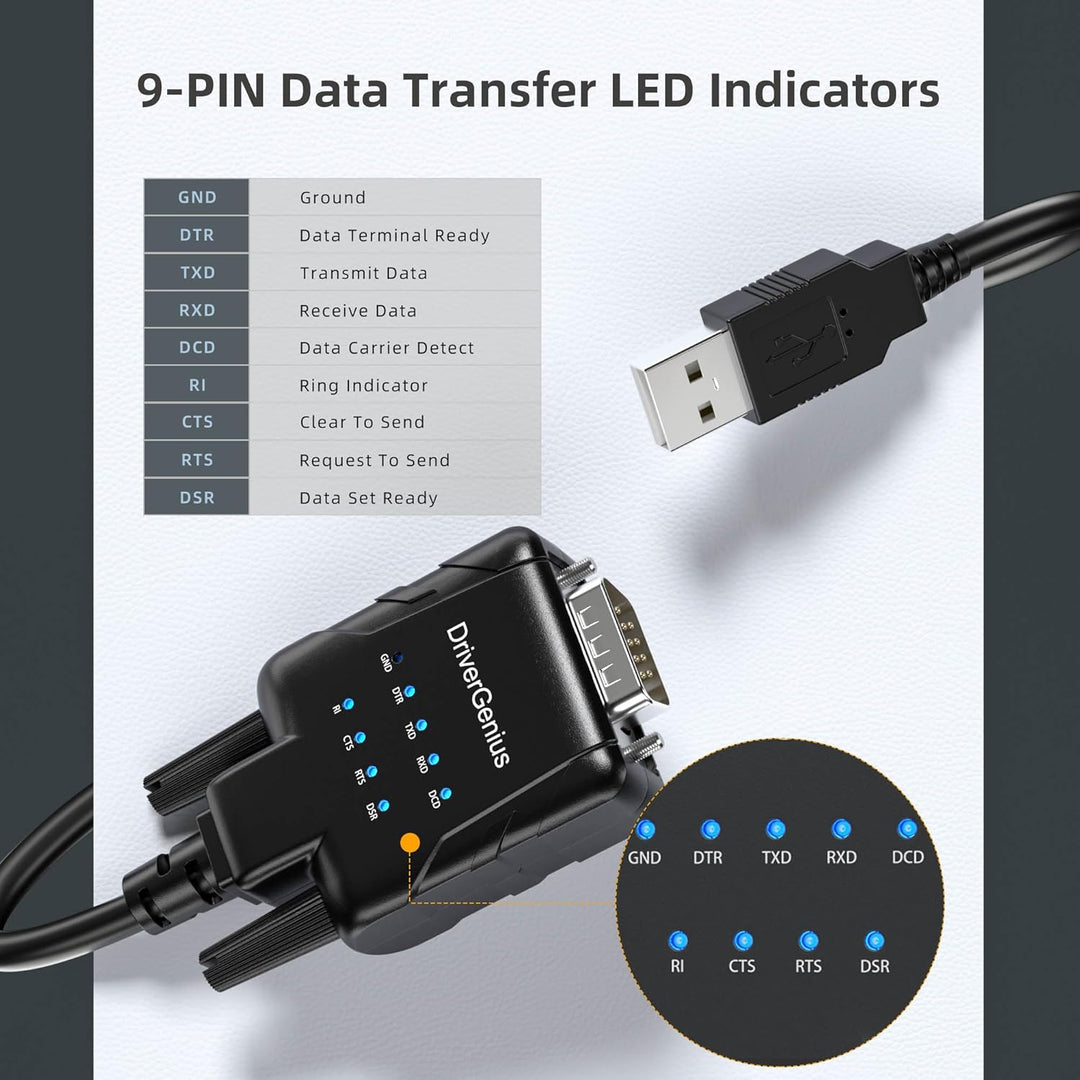 DriverGenius USB Typ-A auf Seriell RS232-(DB9) Adapter Konverter mit 9 x LEDs für IT-Administratoren