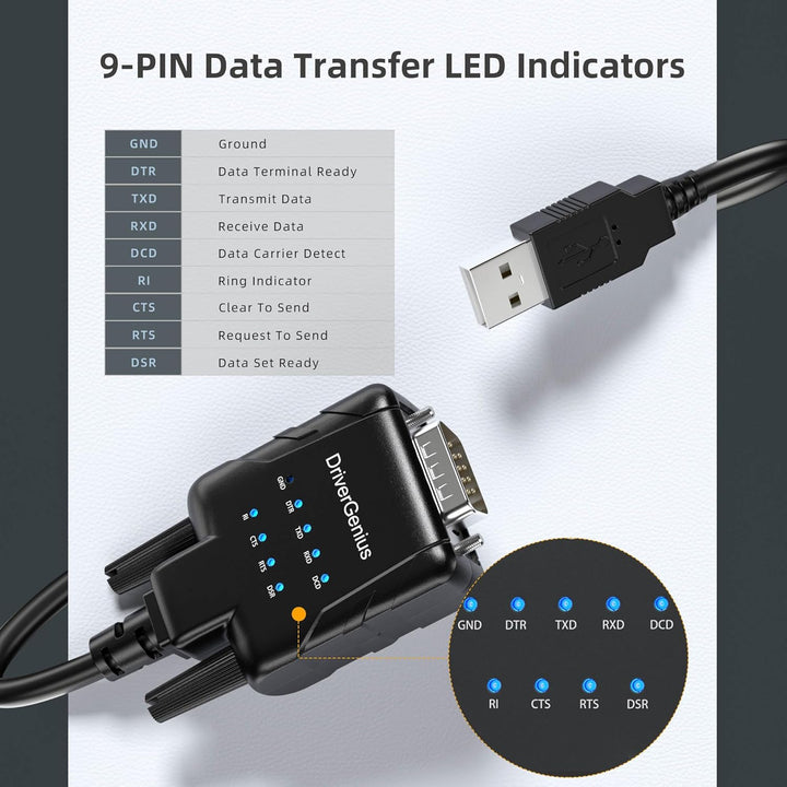 DriverGenius USB Typ-A auf Seriell RS232-(DB9) Adapter Konverter mit 9 x LEDs für IT-Administratoren
