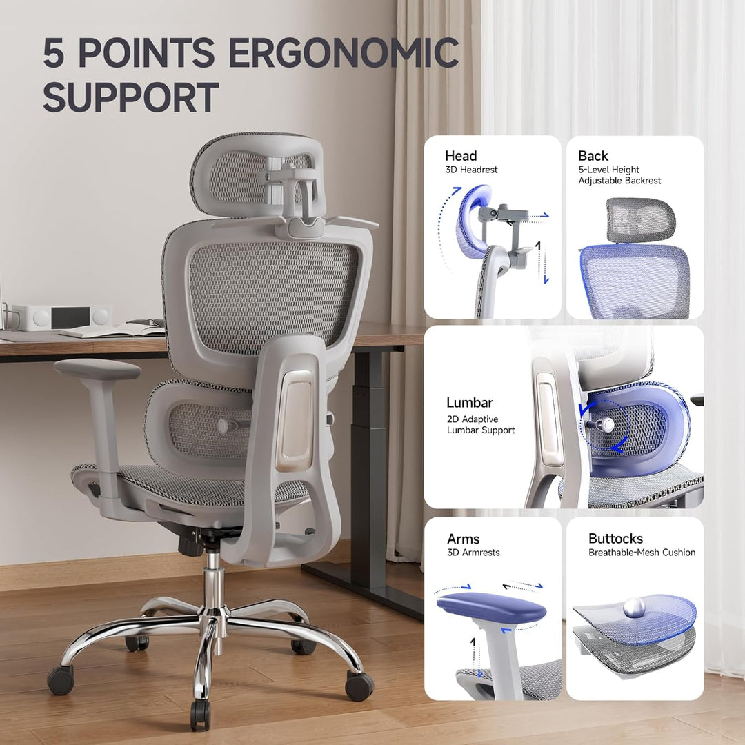 Ergonomischer Bürostuhl Schreibtischstuhl, Netzstoff Drehstuhl mit 2D-Lendenwirbelstütze & 3D-Kopfst
