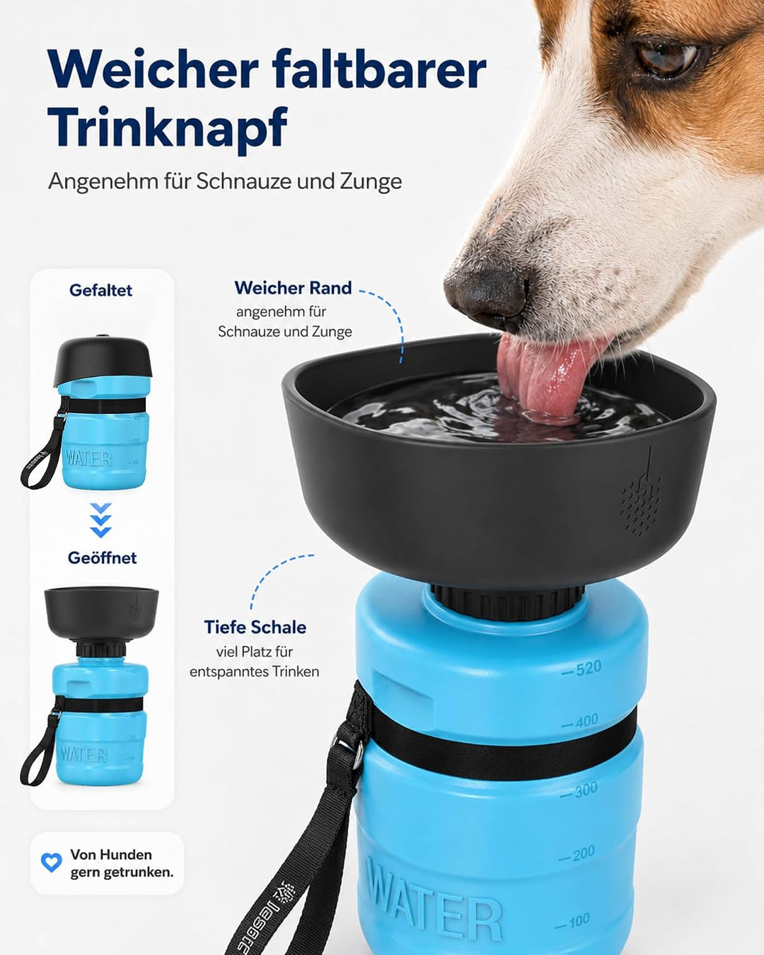 lesotc 520ml Hundetrinkflasche für unterwegs, Faltbare Hund Auslaufsicher Wasserflasche, Hunde Wasse