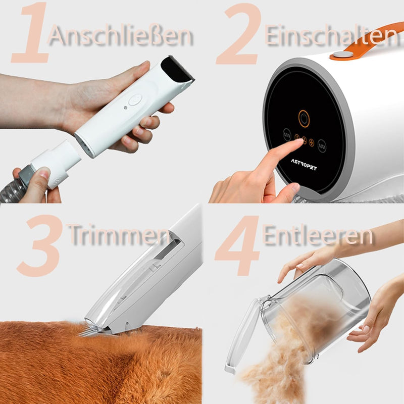 AstroPet elektronische Hundeschermaschine mit Staubsauger, Profi Haustierpflegeset mit 5 Pflegewerkz