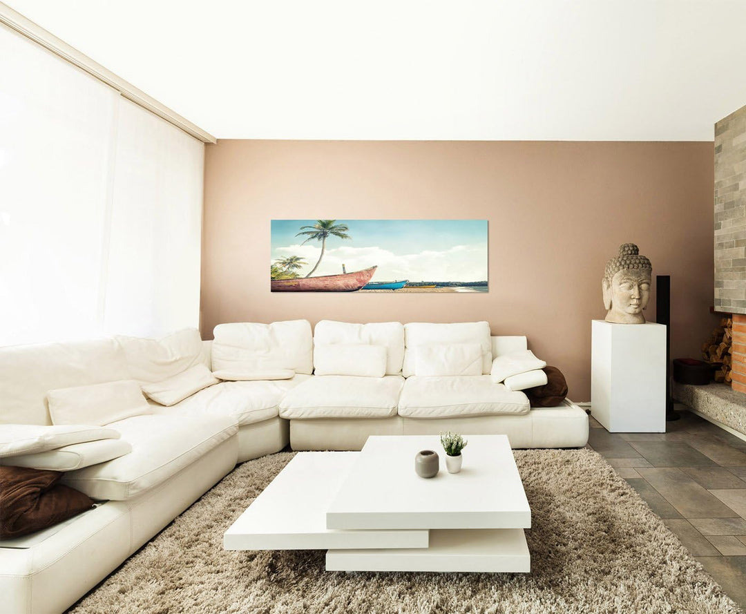 Paul Sinus Art Panoramabild auf Leinwand und Keilrahmen 150x50cm Strand Meer Palme Boote Vintage