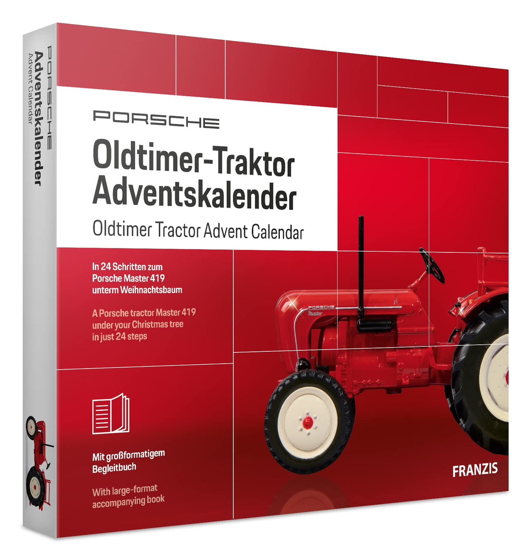 FRANZIS 67067 - Porsche Oldtimer-Traktor Adventskalender 2019, Modellbausatz im Massstab 1:43, inkl.