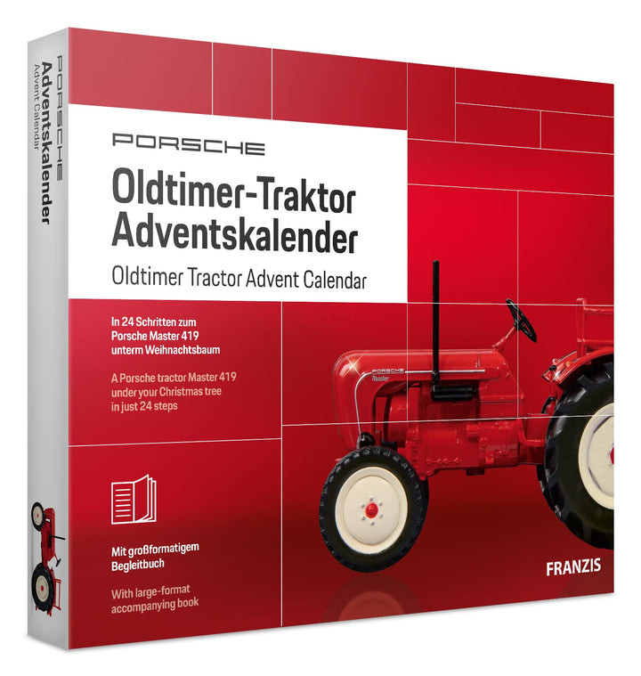 FRANZIS 67067 - Porsche Oldtimer-Traktor Adventskalender 2019, Modellbausatz im Massstab 1:43, inkl.