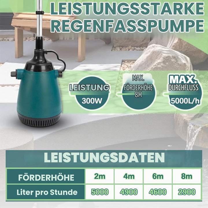 Akku-Tauchdruck/Regenfasspumpe Kompatibel mit Makita 18V Lithium Akku, Fördermenge max. 5000L/h, Sch