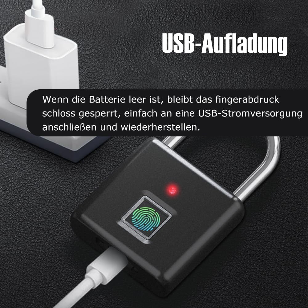 Schloss mit Fingerabdruck,IP55 Wasserdicht,Vorhängeschloss Fingerabdruck,USB-Aufladung Bluetooth Bio