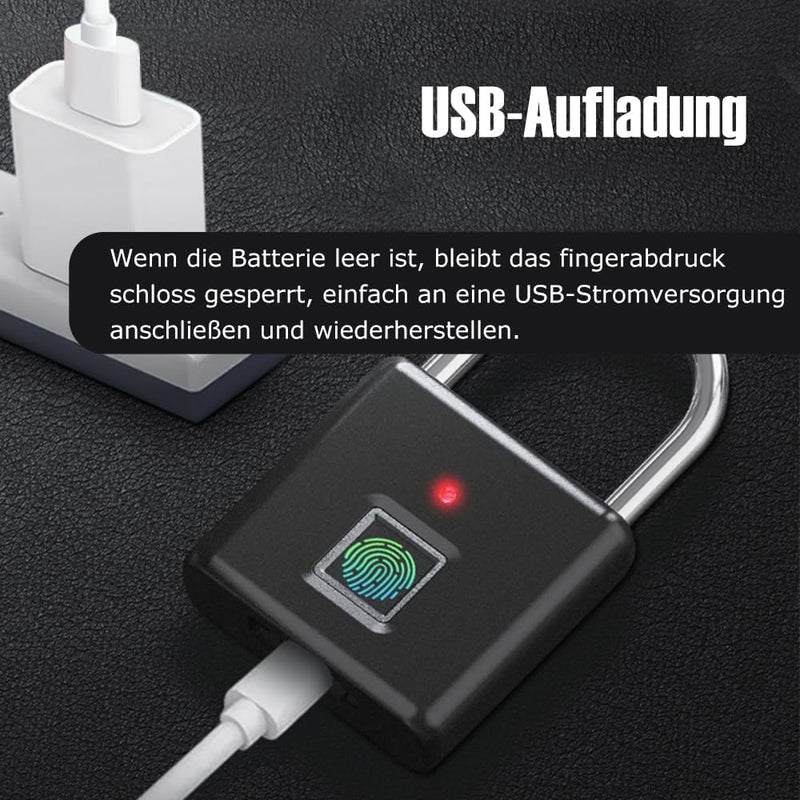 Schloss mit Fingerabdruck,IP55 Wasserdicht,Vorhängeschloss Fingerabdruck,USB-Aufladung Bluetooth Bio