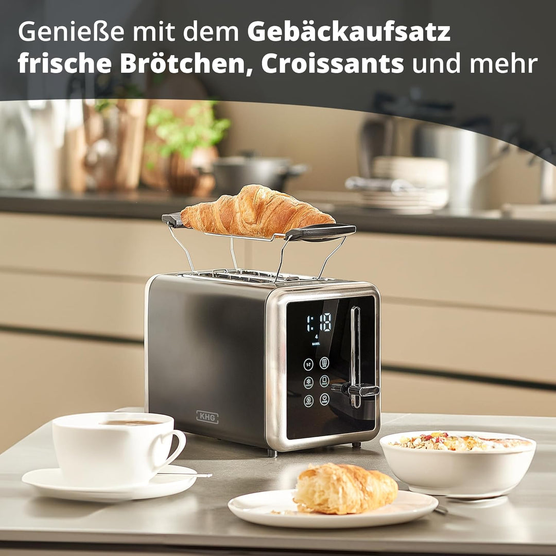 KHG - Toaster 2 Scheiben Edelstahl Touchpanel 850 W - Brötchenaufsatz, 7 Bräunungsstufen, 6 Programm