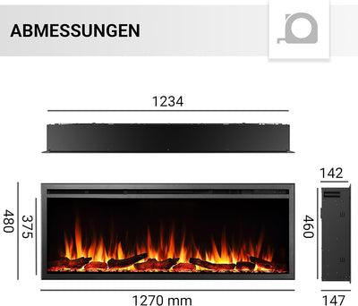 CrownFlame Atalanta 50" Elektrokamin - Elektrischer Einbaukamin mit Heizung 1000/2000 W, realistisch