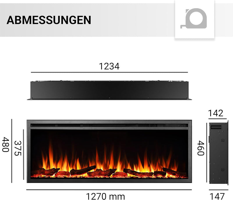 CrownFlame Atalanta 50" Elektrokamin - Elektrischer Einbaukamin mit Heizung 1000/2000 W, realistisch