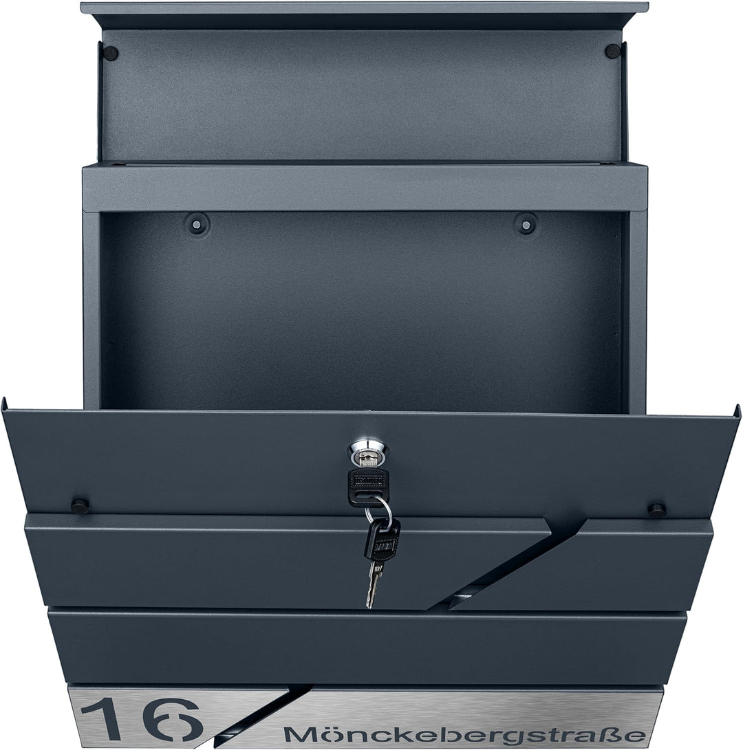 Briefkasten mit Zeitungsfach in Anthrazit, Edelstahlbriefkasten, Wandbriefkasten Briefkasten mit Sch