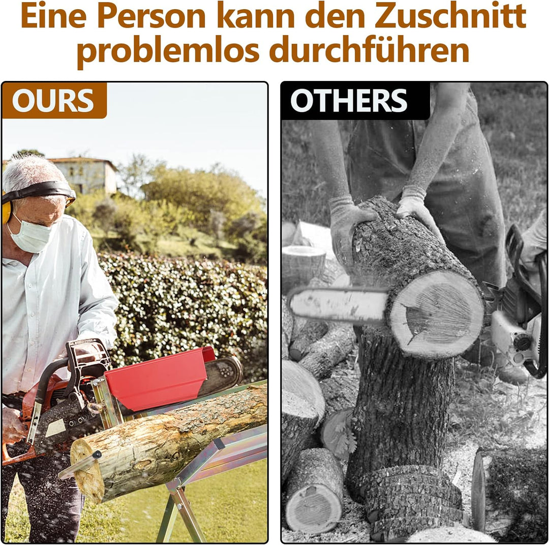 Daromigo Sägebock mit Kettensägen-Halterung, Kettenschutz, Messstab, 81x72x78,5 cm, Stabile Sägestän