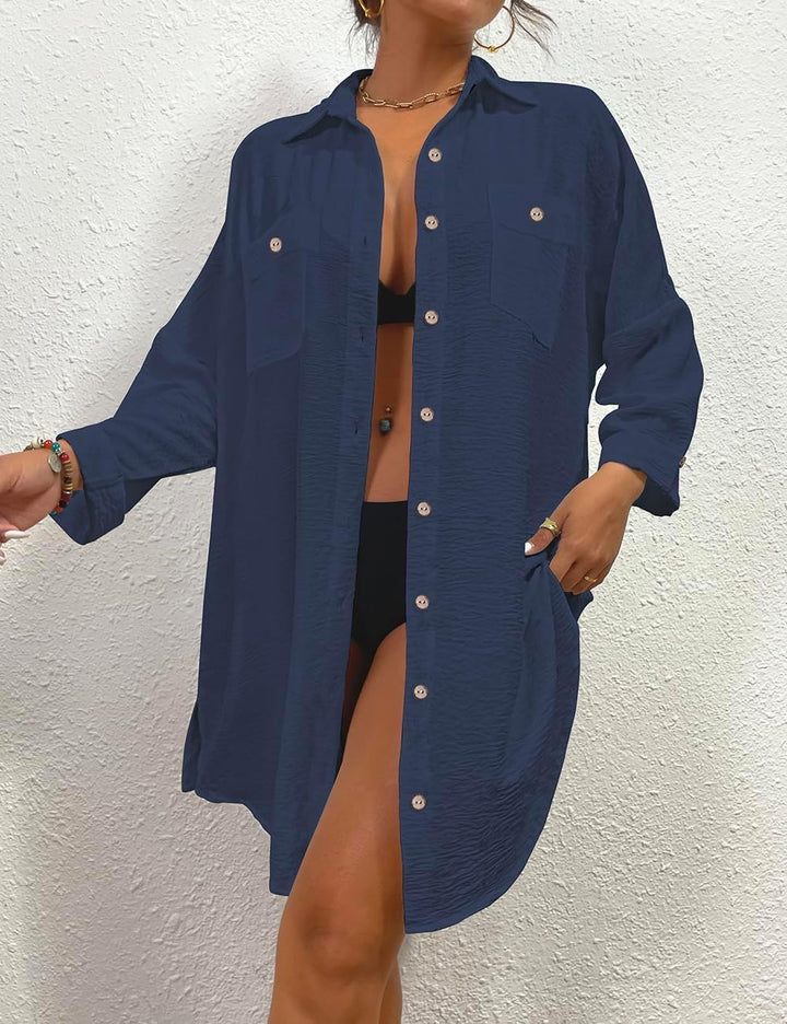 Bsubseach Damen Button Down Strandkleid V-Ausschnitt Badeanzug Resort Wear S B-marine Blau, S B-mari