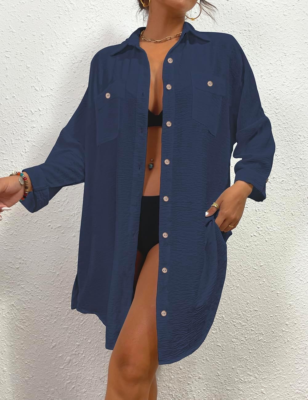 Bsubseach Damen Button Down Strandkleid V-Ausschnitt Badeanzug Resort Wear M B-marine Blau, M B-mari