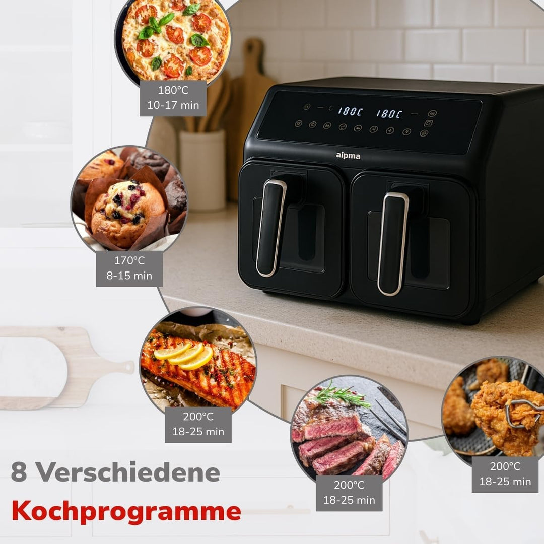 alpina Heissluftfritteuse 2 Kammern 8L - Airfryer mit Digitaldisplay - Air Fryer mit Timer und Tempe