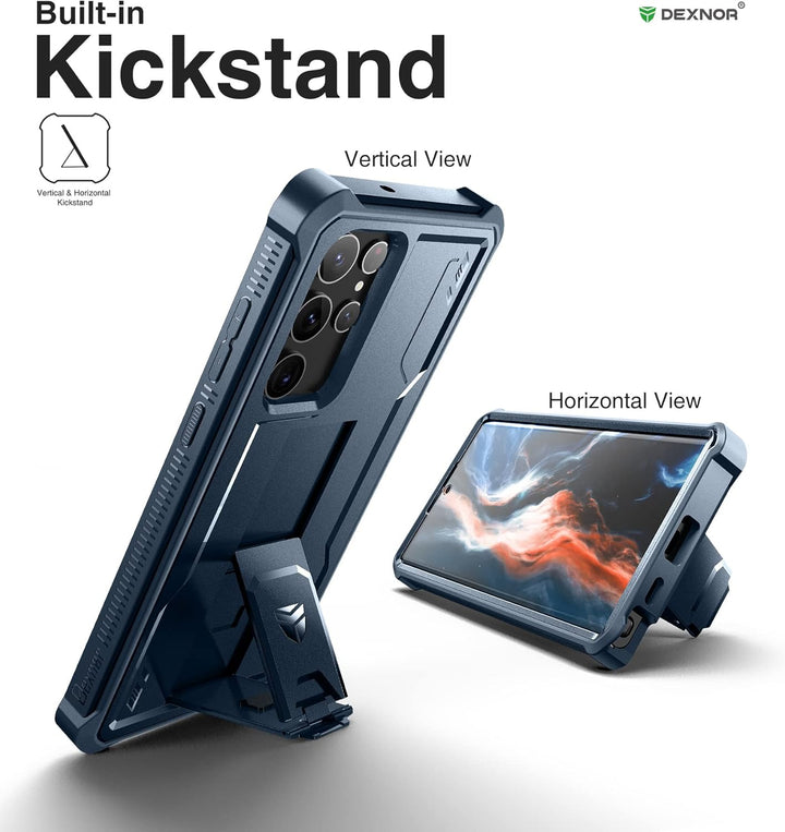 Dexnor Kompatibel mit Hülle Samsung Galaxy S22 Ultra【Doppelter Frontrahmen & Ständer】, Stossdämpfer