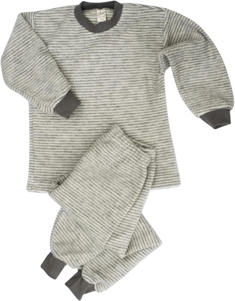 Lilano, Merino Kinder Flausch Schlafanzug 2-teilig, 100% Wolle (kbT) 104 Grau/Natur, 104 Grau/Natur