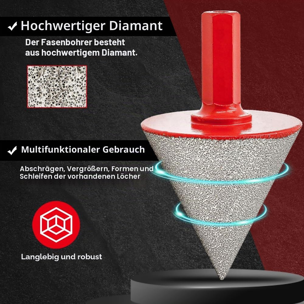DT-DIATOOL Diamant-Abschräg-Fasen-Bits – Diamant-Kegelsenker-Bohrer 35 mm mit Sechskantschaft zur Ve