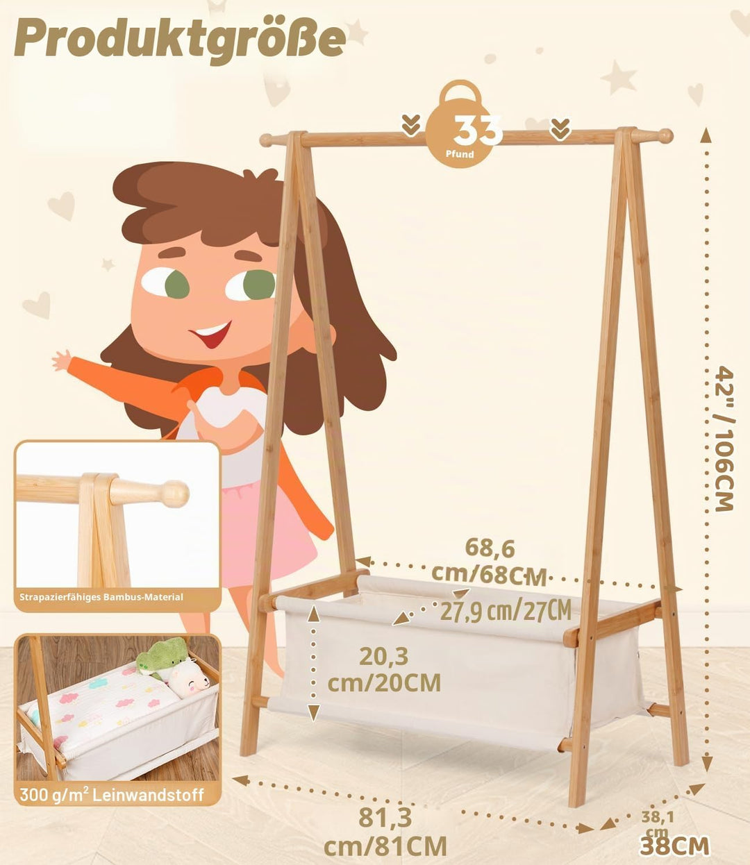 Bambus Kinder Kleiderständer mit Aufbewahrungstasche und Kleiderstange, Dress-up-Ständer, kleiner Ga