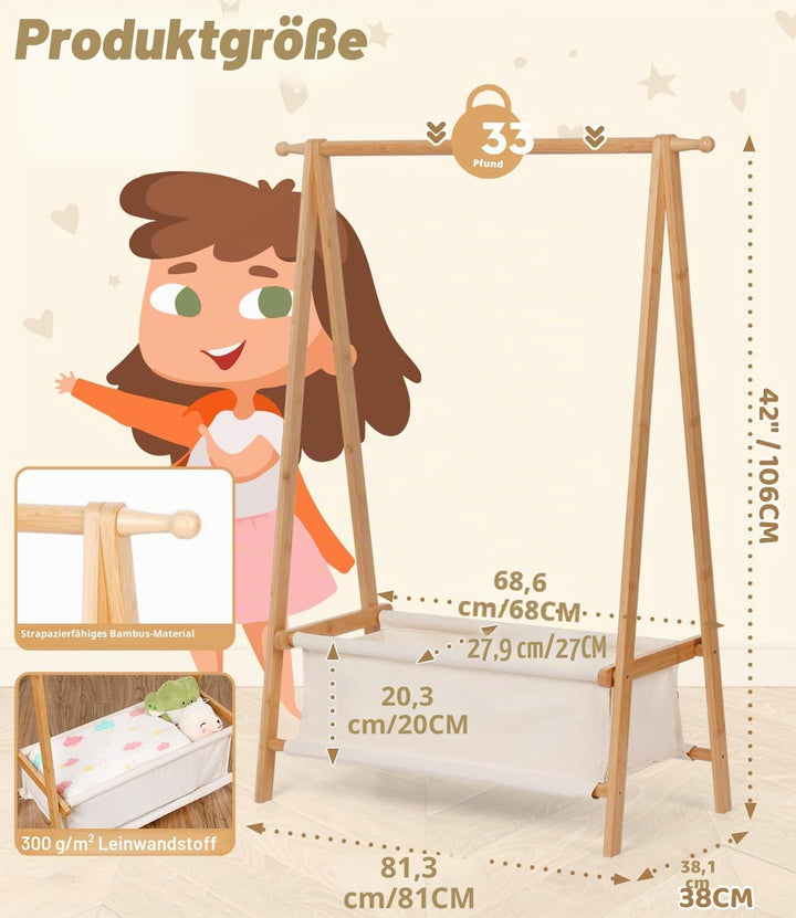 Bambus Kinder Kleiderständer mit Aufbewahrungstasche und Kleiderstange, Dress-up-Ständer, kleiner Ga