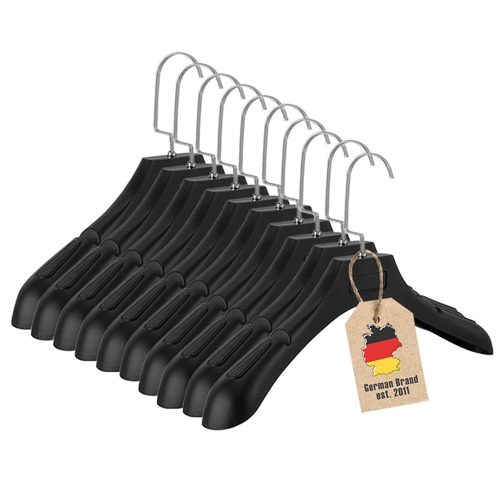 Kleiderbügel in UNIVERSAL SCHWARZ - 10 Stück breite Kleiderbügel aus Kunststoff mit Anti-Rutsch Ober
