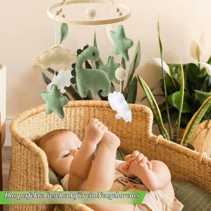 Baby Windspiel Dinosaurier mit Sternen &amp; Wolken – Holz Mobile Babybett Dekor, Sensorisches Spielzeug