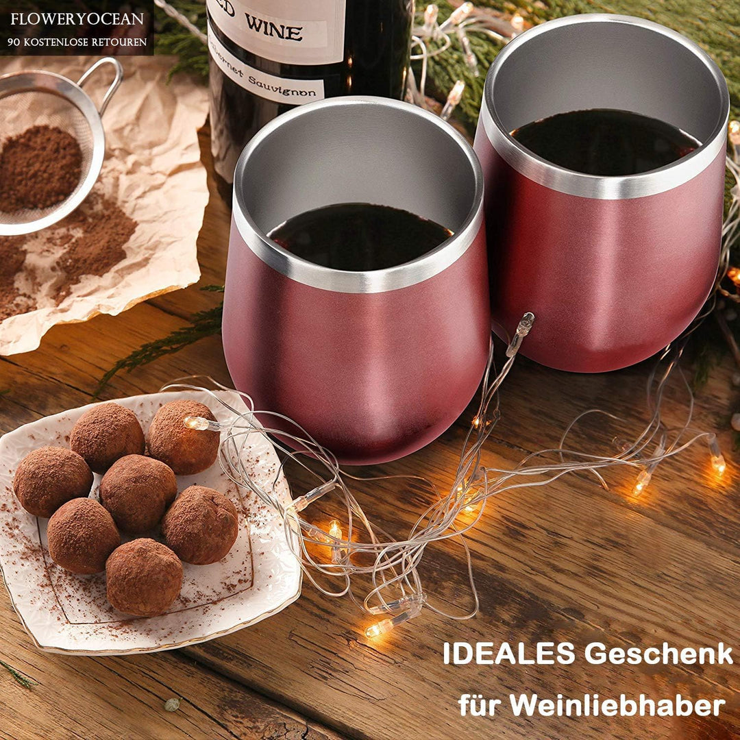 Weinbecher aus Edelstahl, 2 Stück 12OZ Weingläser to go, hält 5h heiss/ 10h kalt, BPA-frei, Doppelwa