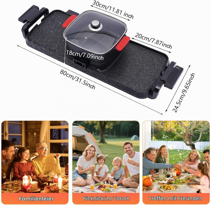 2 in 1 Elektrischer Hot Pot Grill, 1100W+2200W Multifunktionale BBQ Hot Pot, Korean Barbecue Hot Pot