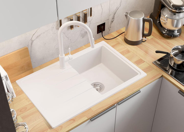 Granitspüle Weiss 78x50 cm, Spülbecken + Ablauf-Set + Küchenarmatur 9000, Küchenspüle für 45er Unter