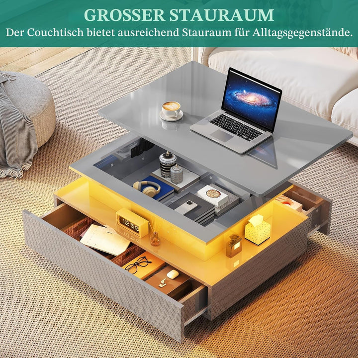 YITAHOME Couchtisch Hochglanz mit LED-Streifen, Couchtisch mit Ablagefläche für Wohnzimmer, moderner