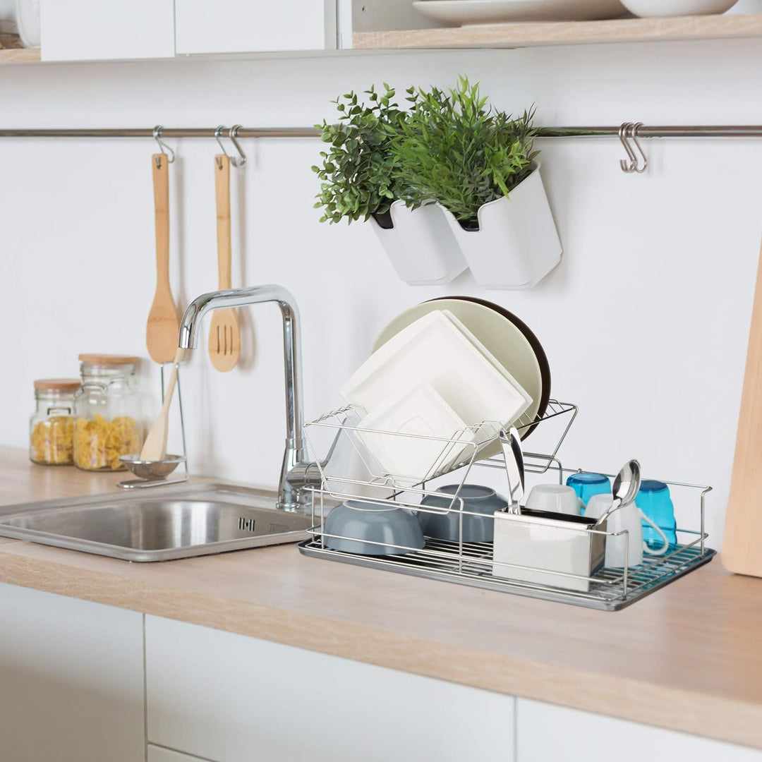 Relaxdays Abtropfgestell, Mit Besteckhalter, Abtropfgitter, Abtropfschale Edelstahl, Robust, HBT: ca