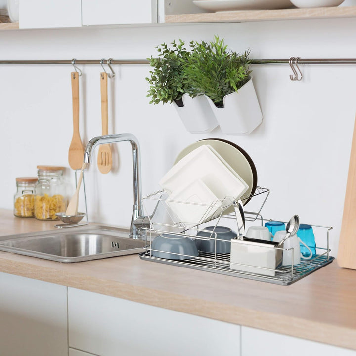 Relaxdays Abtropfgestell, Mit Besteckhalter, Abtropfgitter, Abtropfschale Edelstahl, Robust, HBT: ca