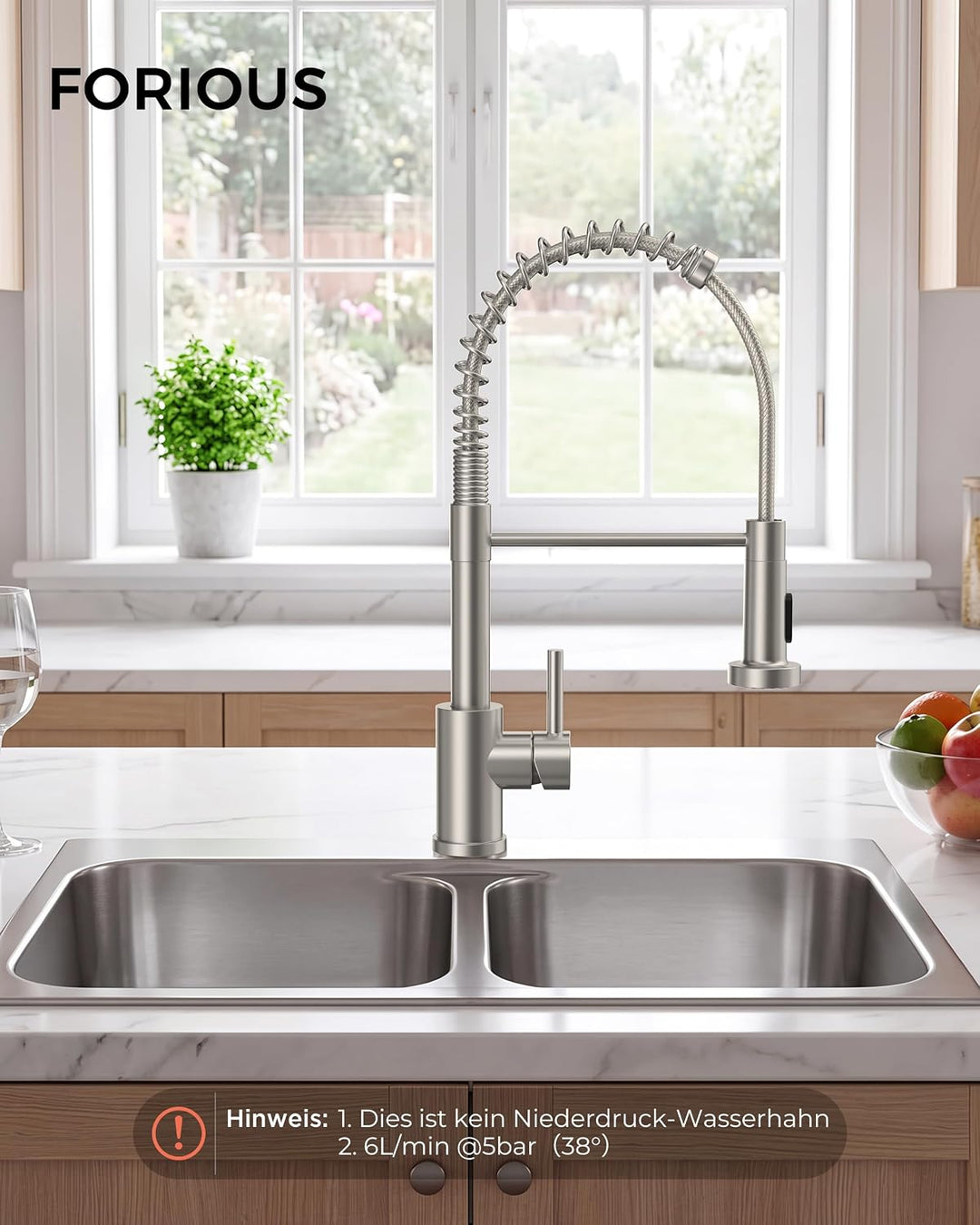 FORIOUS Wasserhahn Küche, Hoher Bogen Hochdruck Küchenarmatur mit Herunterziehen Brause Armatur, Mis