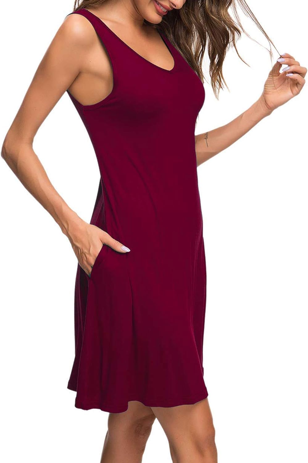 AUSELILY Sommerkleid Damen Ärmellose Strandkleid Leicht Swing Kleid V Ausschnitt Mini Kleid Weinrot