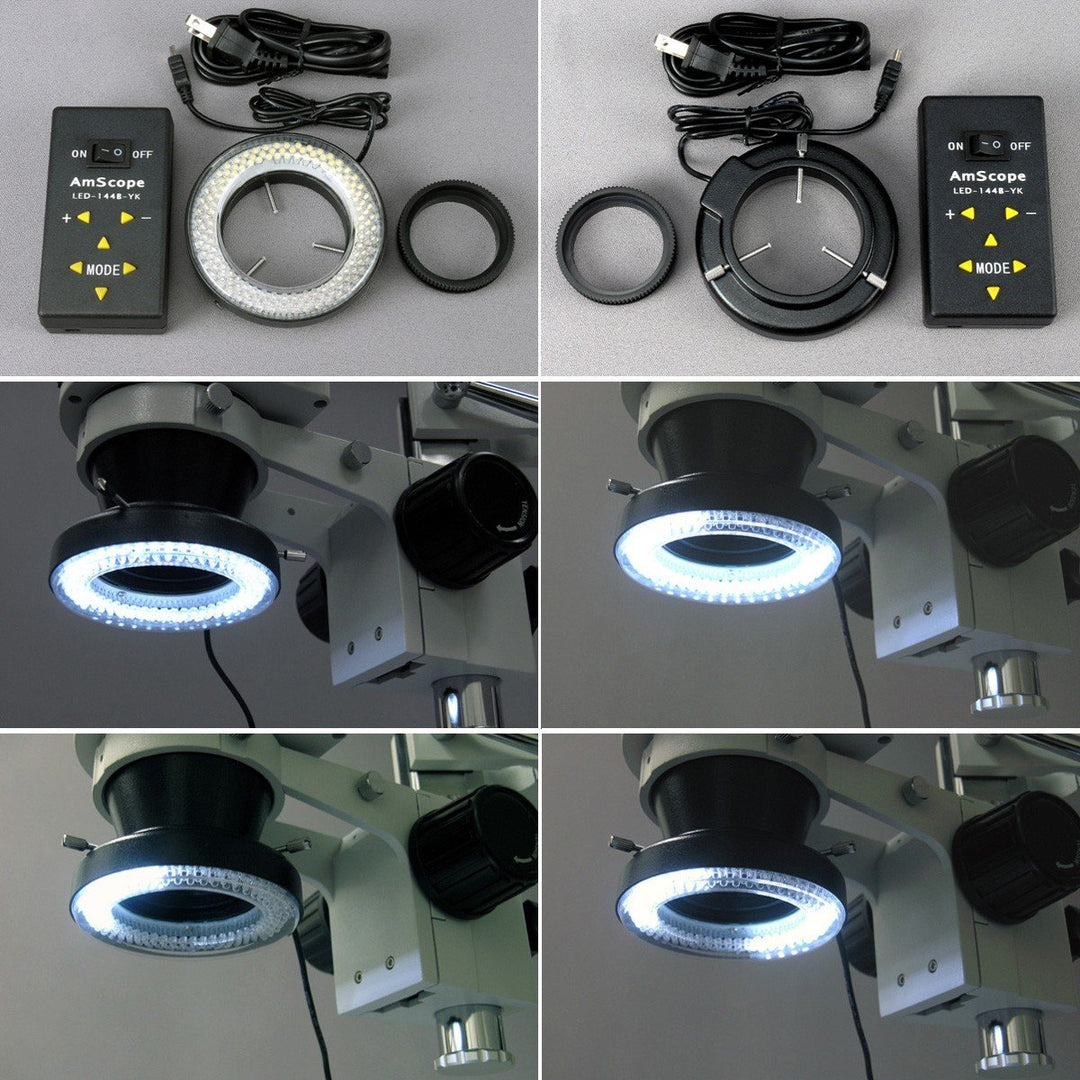 AmScope SM-4TY-144A Trinokulares Stereomikroskop mit 4-Zonen-144-LED-Ringlicht, 7X-90X, Weiss