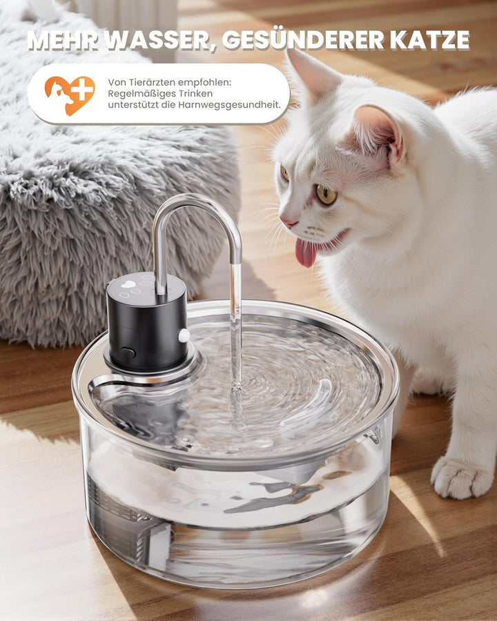 Tomxcute Trinkbrunnen für Katze Kabellos 3,2L, Katzenbrunnen Glas mit Bewegungsmelder, 5000mAh Wiede