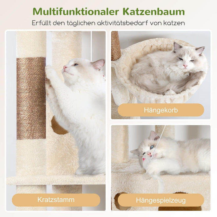 Globlazer Kratzbaum Beige Stabil Passform Ecke hoch 168 cm mit 3 Katzenhäus, Grosse Gepolsterte Plat